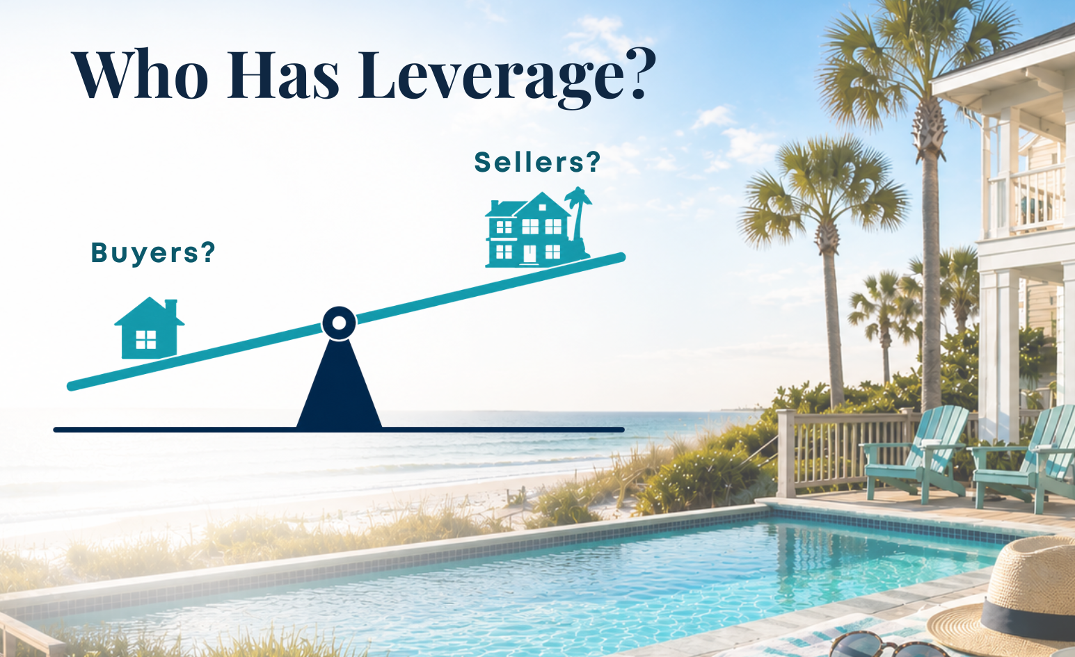 A sandy beach background overlayed with a balance scale graphic comparing buyer leverage against seller leverage.
